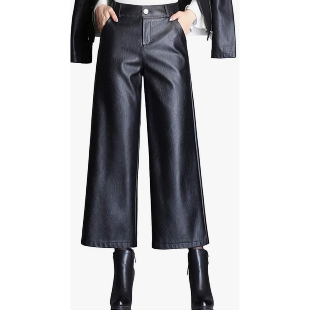 Haomay High Waist Wide Leg Faux Leather Crop pants Black Size S